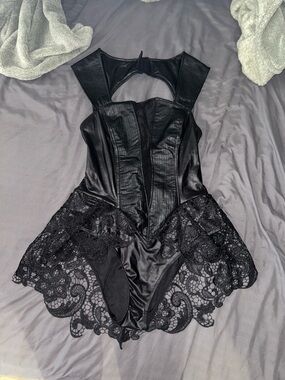 Spencer's Black Lace & Faux Leather Bodysuit Chemise